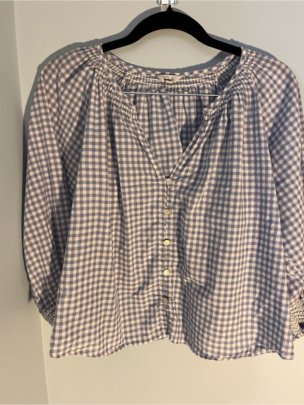 Rails Gingham Button-Front Peasant Blouse in Light Blue and White